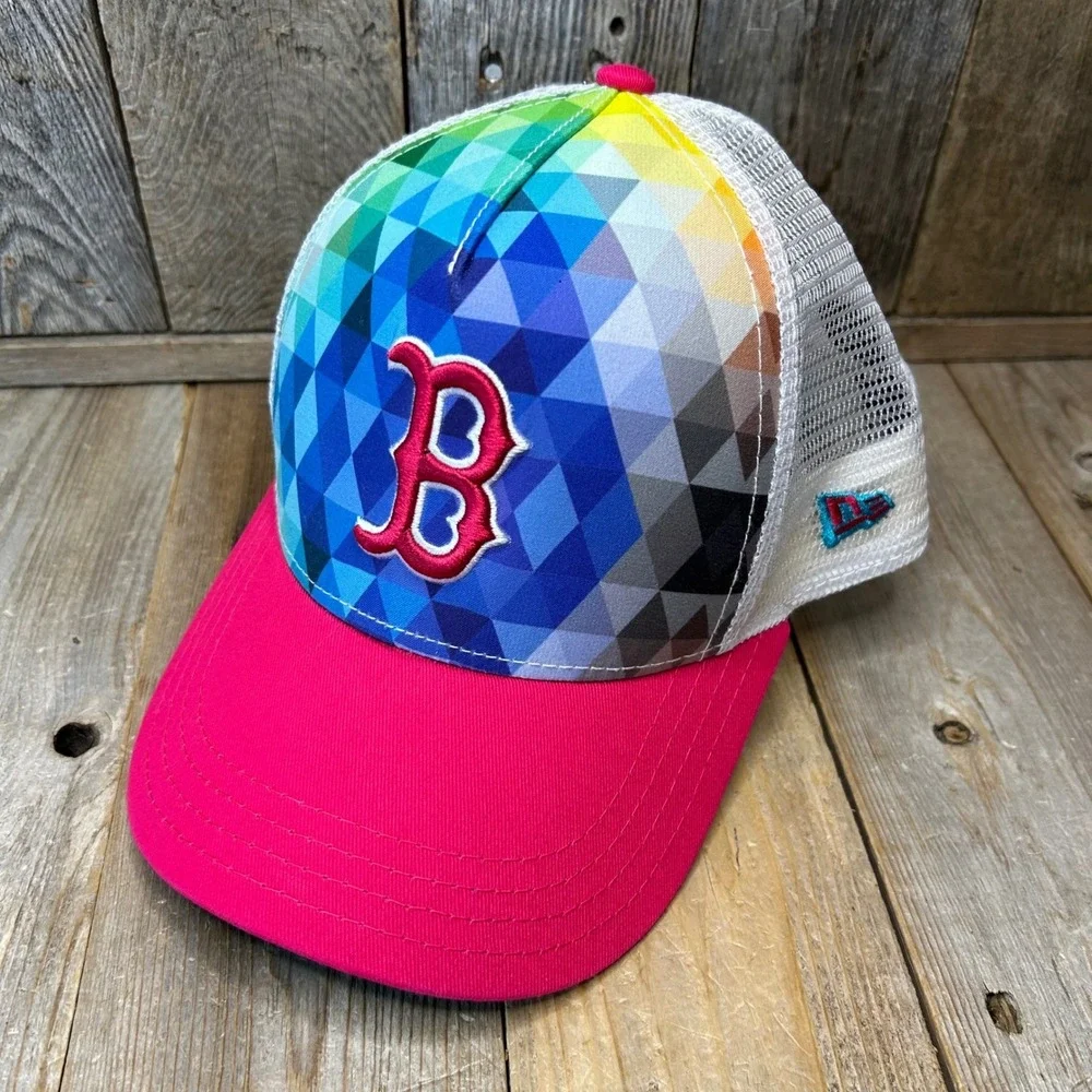New Era 9FORTY Youth Boston Red Sox Rainbow Prism Trucker Hat Pink‎ MLB Cap